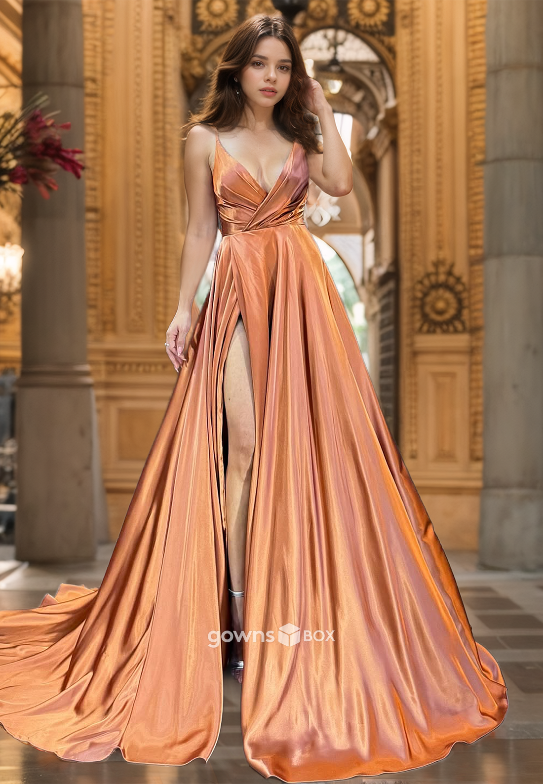 Sexy Ruched V-Neck Spaghetti Straps A-Line with Slit Evening Dress Prom Gown-GownsBox