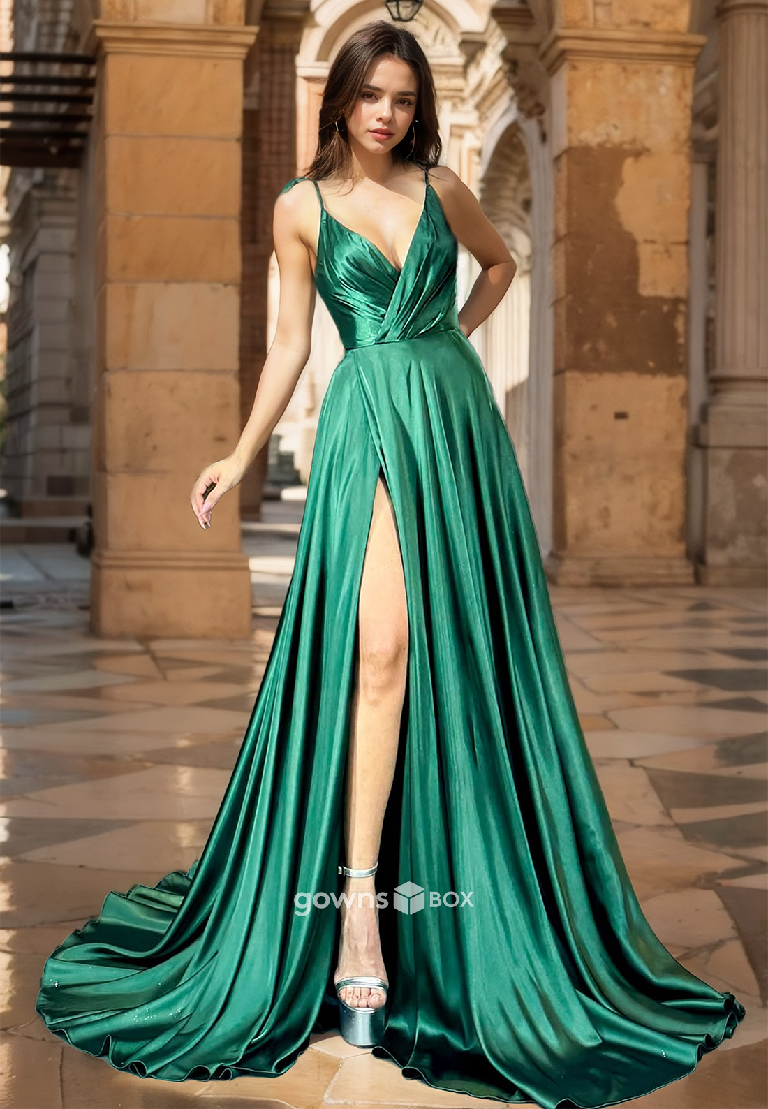 Sexy Ruched V-Neck Spaghetti Straps A-Line with Slit Evening Dress Prom Gown-GownsBox