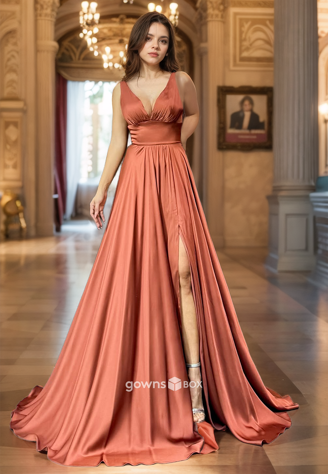 Simple Solid Empire Spaghetti Straps V-Neck with Slit Evening Dress Prom Gown-GownsBox