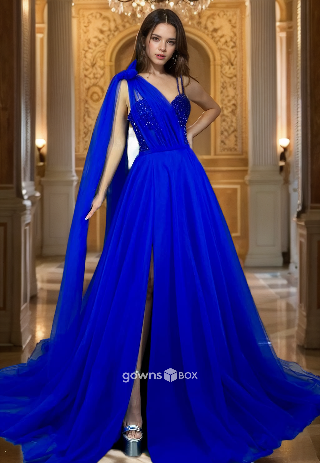 Royal Blue One Shoulder Sequined Tulle A-Line Evening Dress Prom Ball Gown-GownsBox