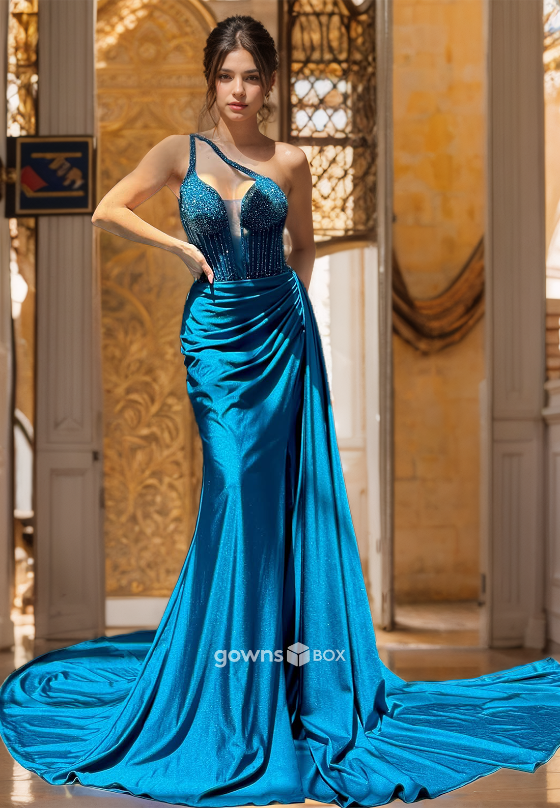 Chic Blue Beaded Sweetheart Straps with Train Satin Formal Evening Dress Party Gown-GownsBox