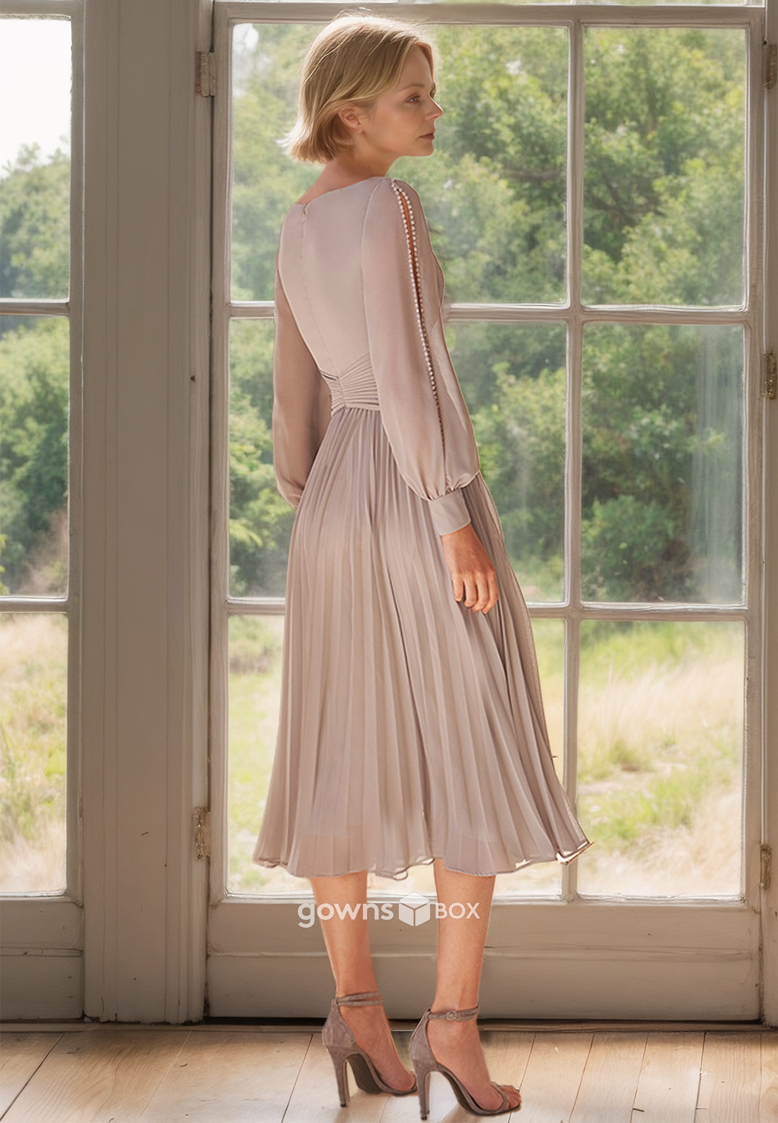 V-Neck Long Sleeves Pleated Chiffon A-Line Mother of the Bride Midi Dress-GownsBox