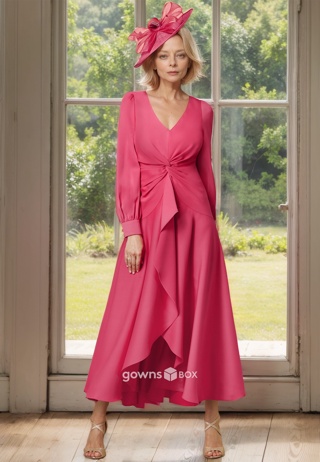 Casual High Low Ruched Long Sleeves A-Line Chiffon Mother of the Bride Dress-GownsBox