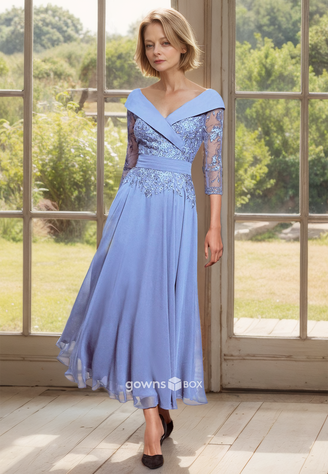 Applique Half Sleeves V-Neck A-Line Long Chiffon  Mother of the Bride Dress-GownsBox