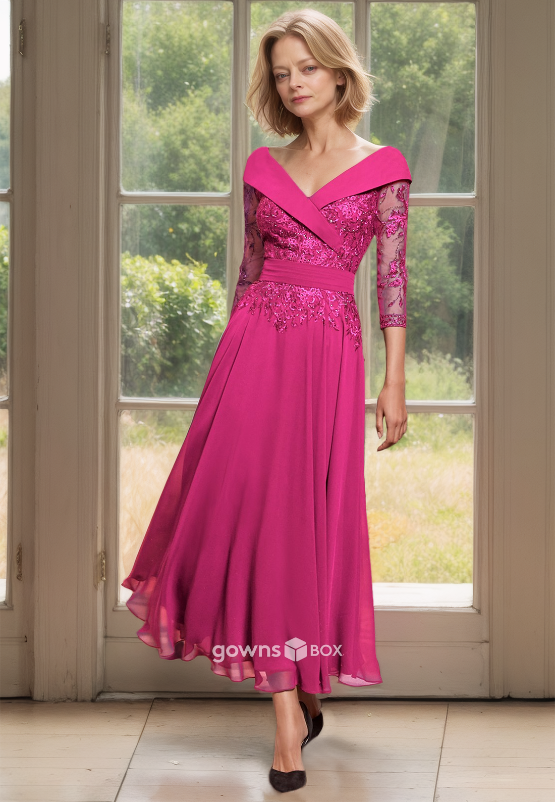 Applique Half Sleeves V-Neck A-Line Long Chiffon  Mother of the Bride Dress-GownsBox