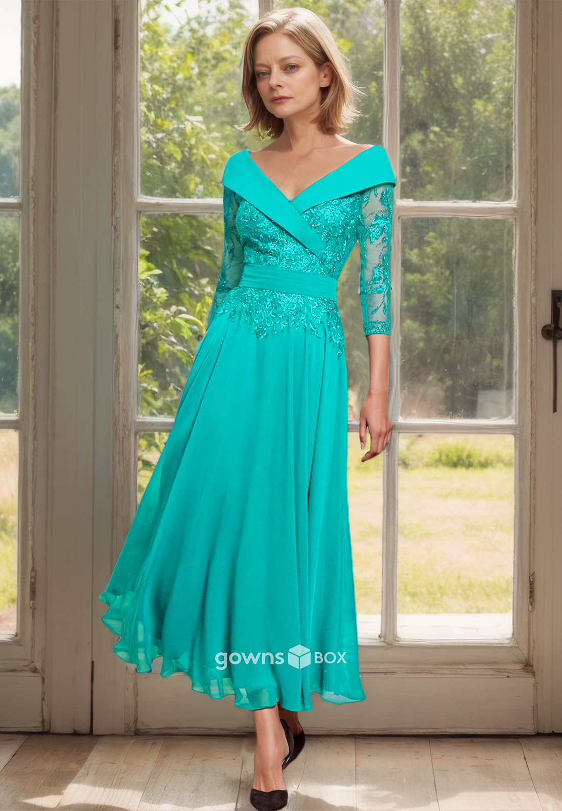 Applique Half Sleeves V-Neck A-Line Long Chiffon  Mother of the Bride Dress-GownsBox