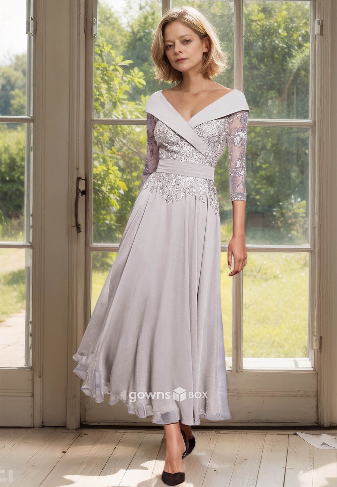 Applique Half Sleeves V-Neck A-Line Long Chiffon  Mother of the Bride Dress-GownsBox