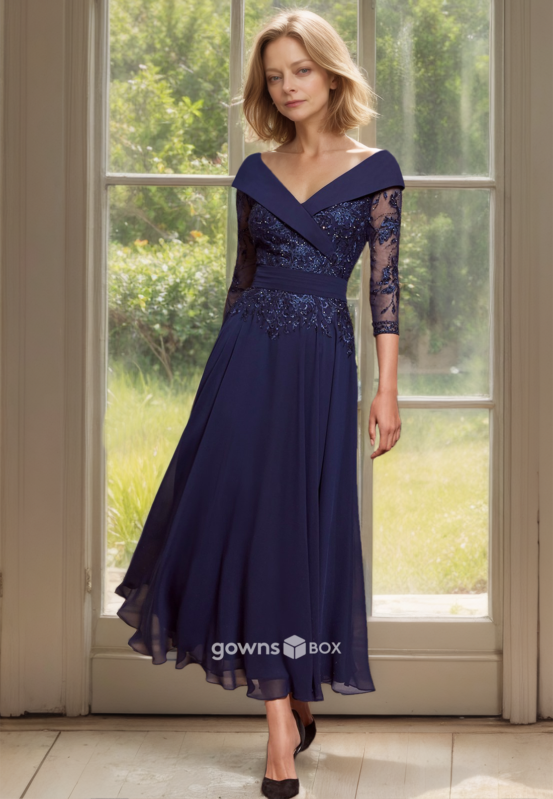Applique Half Sleeves V-Neck A-Line Long Chiffon  Mother of the Bride Dress-GownsBox