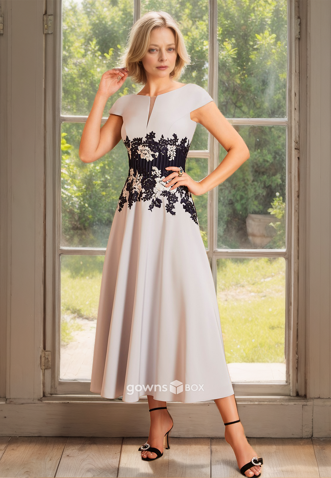 Chic Two Piece Sleeves A-Line Applique Chiffon Long Mother of the Bride Dress-GownsBox