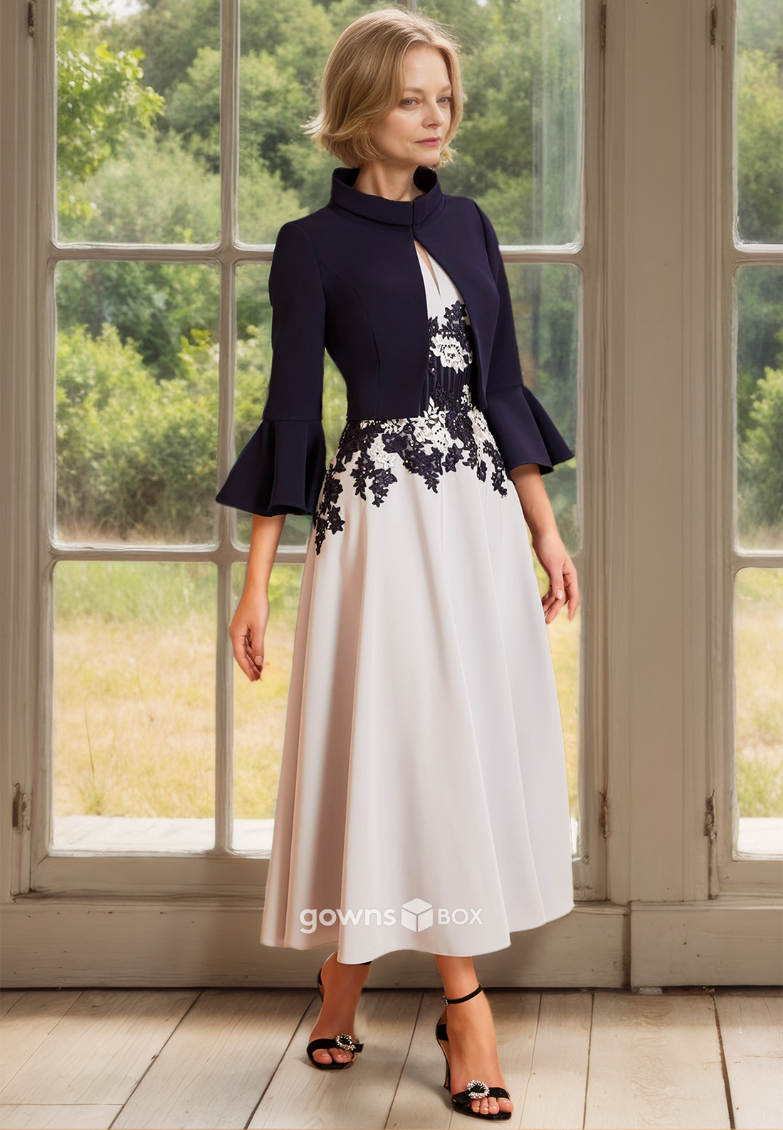 Chic Two Piece Sleeves A-Line Applique Chiffon Long Mother of the Bride Dress-GownsBox