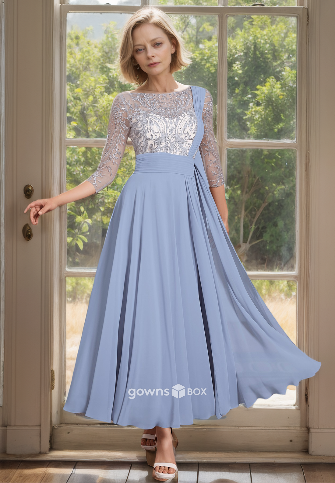 Chic Applique Sheer Sleeves A-Line Long Chiffon Mother of the Bride Dress-GownsBox