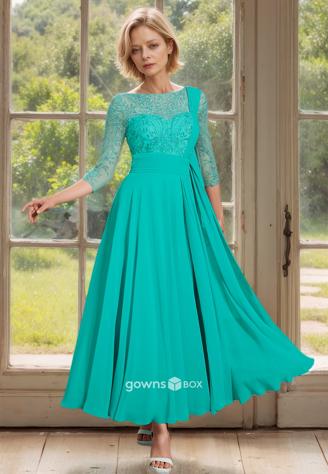 Chic Applique Sheer Sleeves A-Line Long Chiffon Mother of the Bride Dress-GownsBox