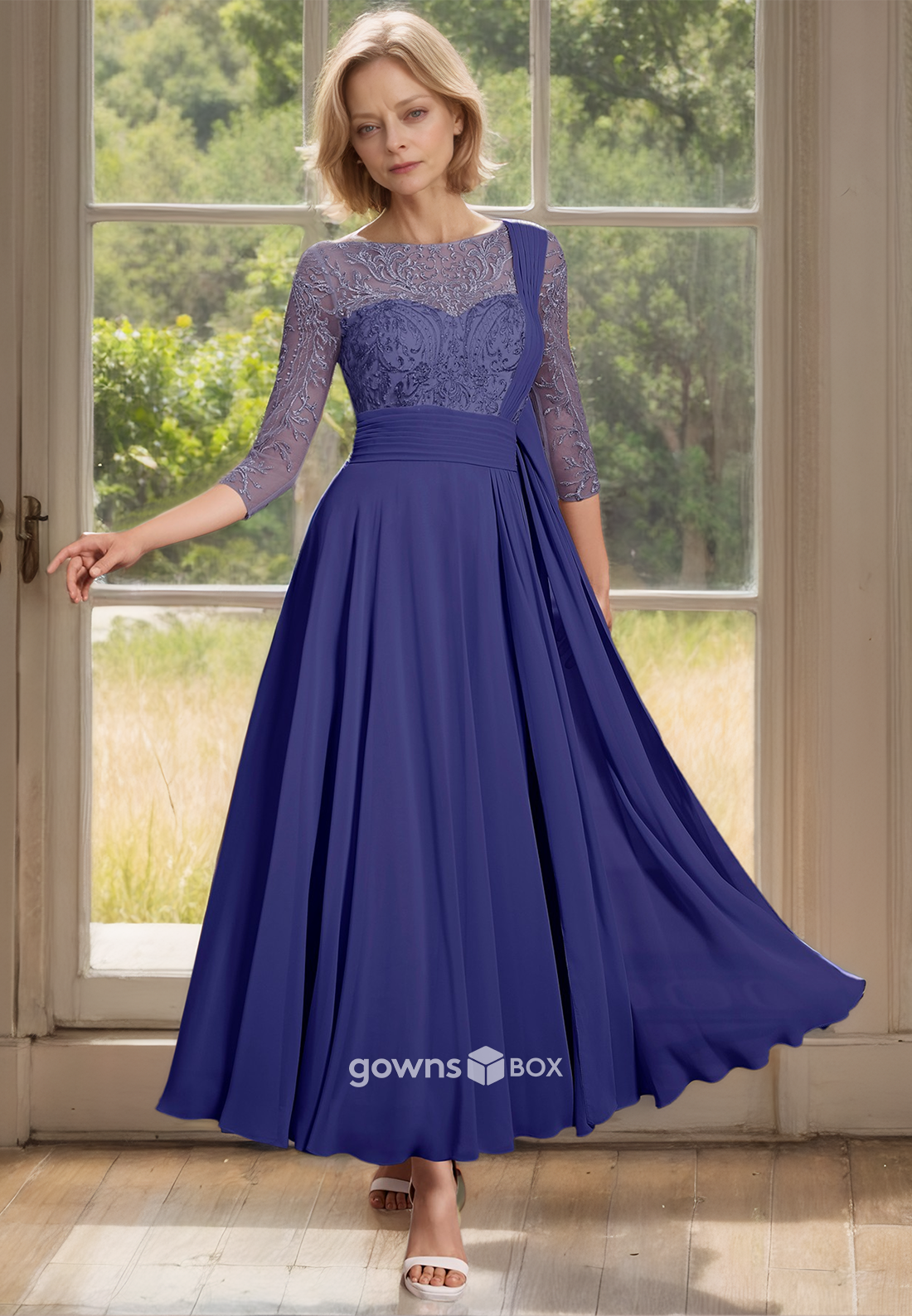 Chic Applique Sheer Sleeves A-Line Long Chiffon Mother of the Bride Dress-GownsBox