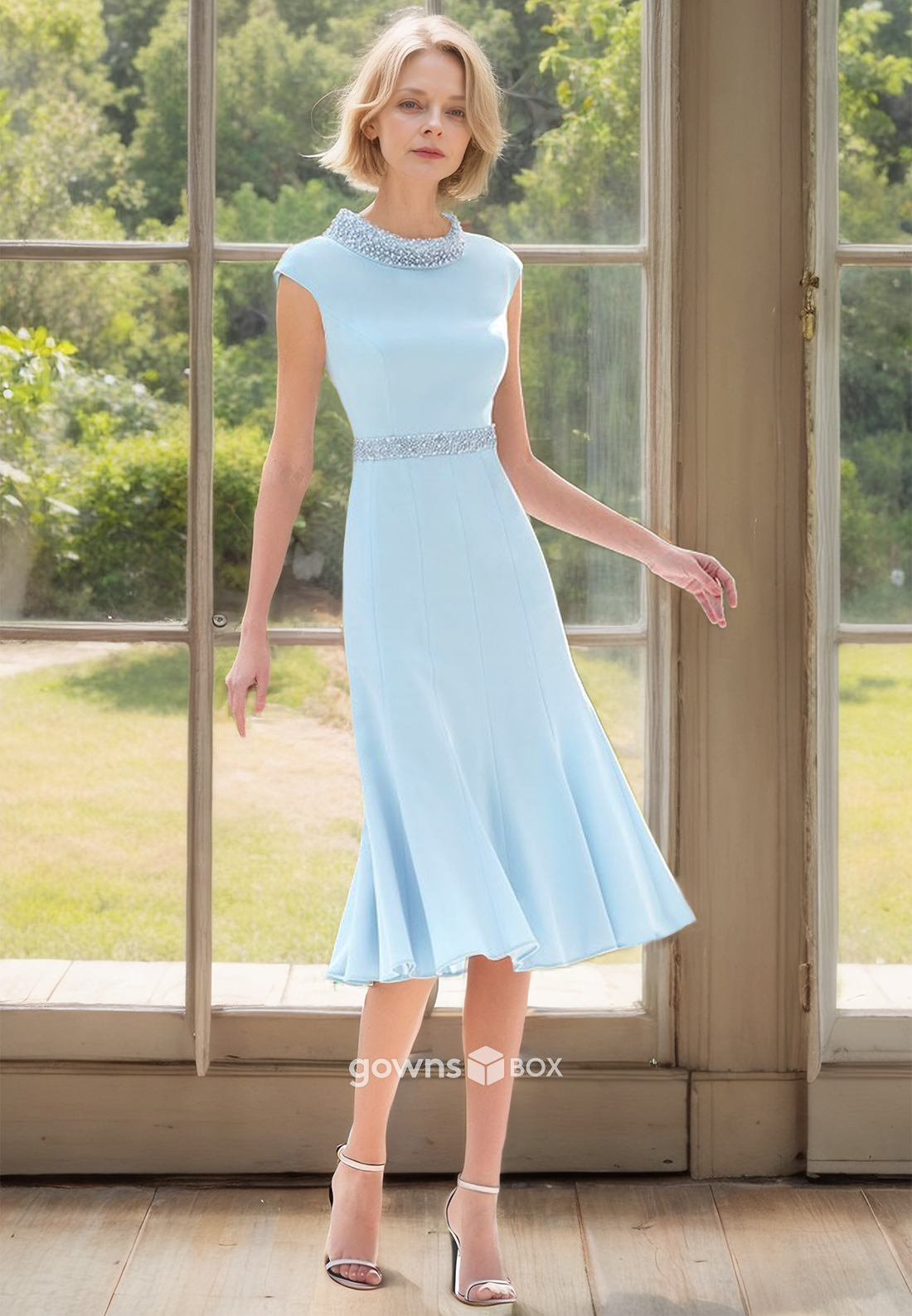 Elegant Two Piece Outfit Wedding Guest Gown Blue Beaded Sheath Midi Dress-GownsBox