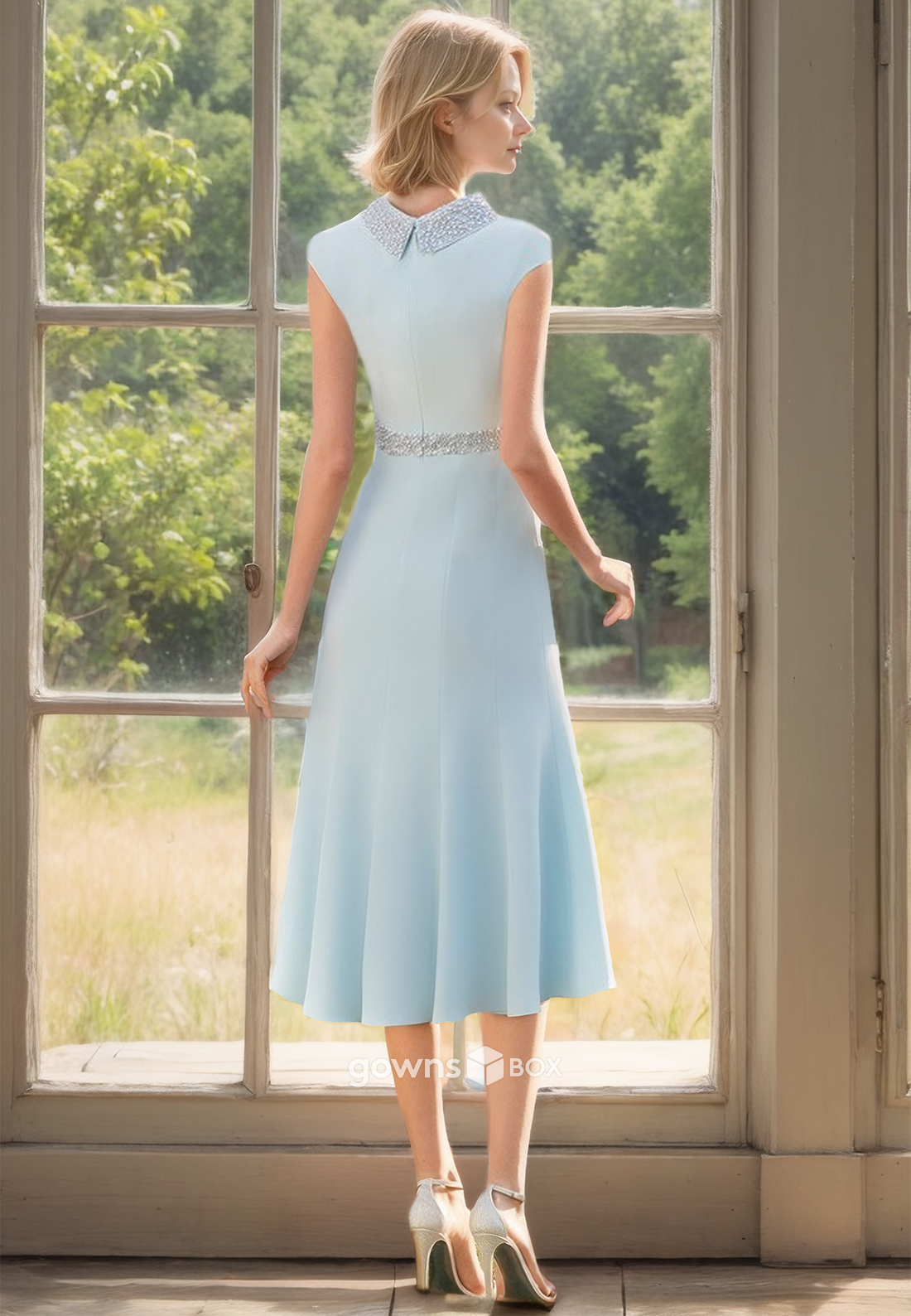 Elegant Two Piece Outfit Wedding Guest Gown Blue Beaded Sheath Midi Dress-GownsBox