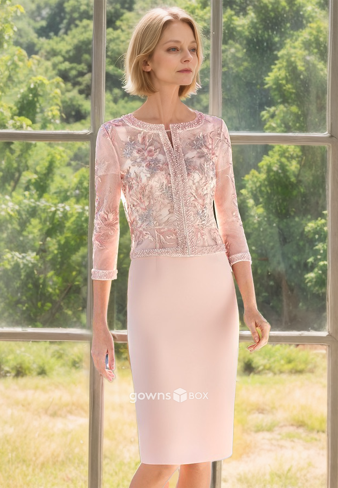 Floral Bateau 3/4 Sleeves Sheath Pink Knee Length Guest Mother of the Bride Dress-GownsBox