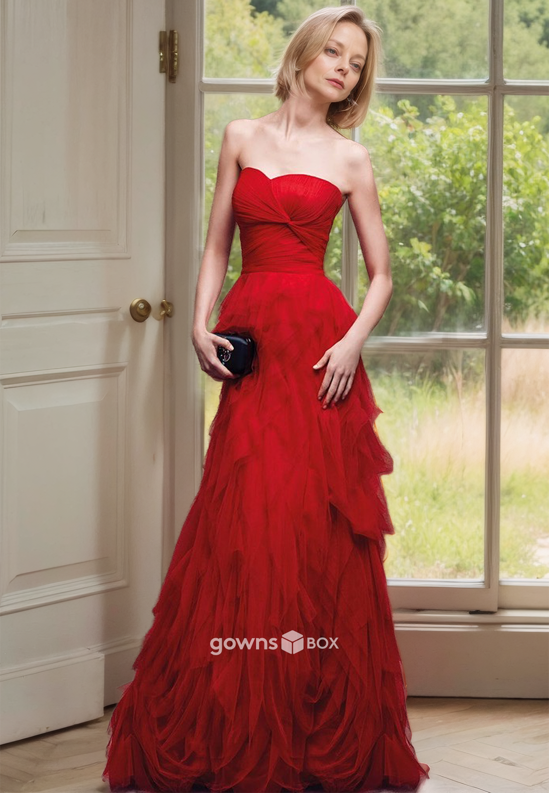 Red Tiered Empire Chiffon Long Wedding Guest Gown Mother of the Bride Dress-GownsBox