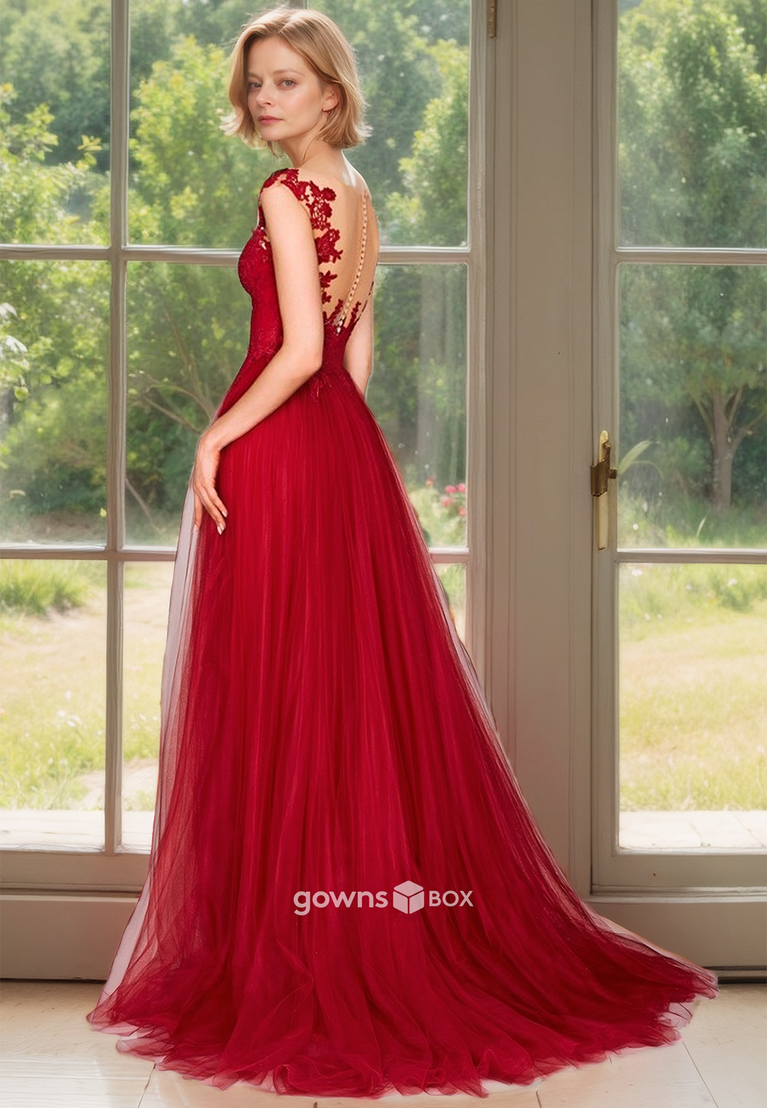 Red V-Neck Applique Tulle A-Line with Slit Long Guest Mother of the Bride Dress-GownsBox