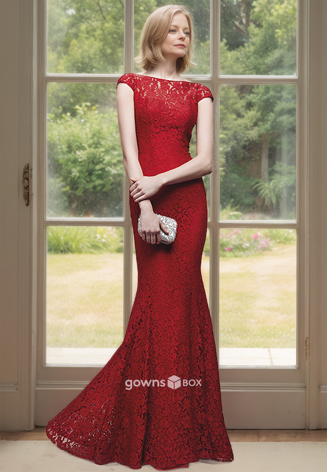 Sexy Bateau Backless Lace Applique Red Mermaid Guest Mother of the Bride Dress-GownsBox