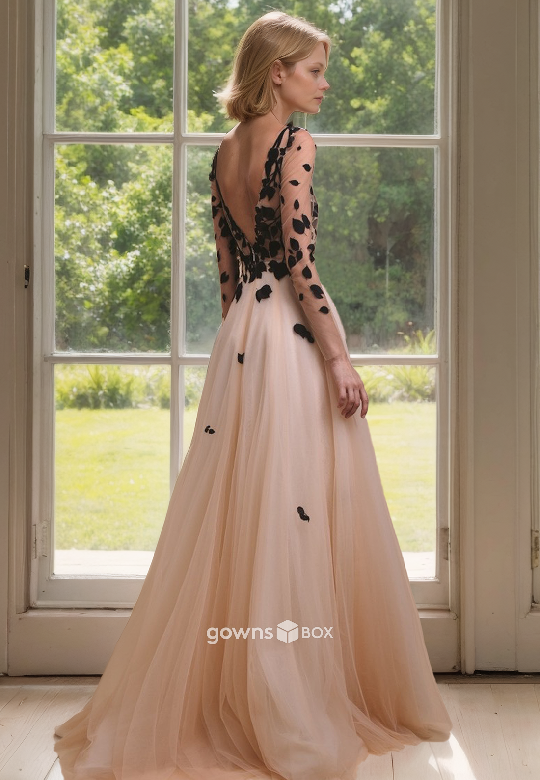 Sheer Long Sleeves Applique Champagne Tulle Floor-Length Mother of the Bride Dress-GownsBox