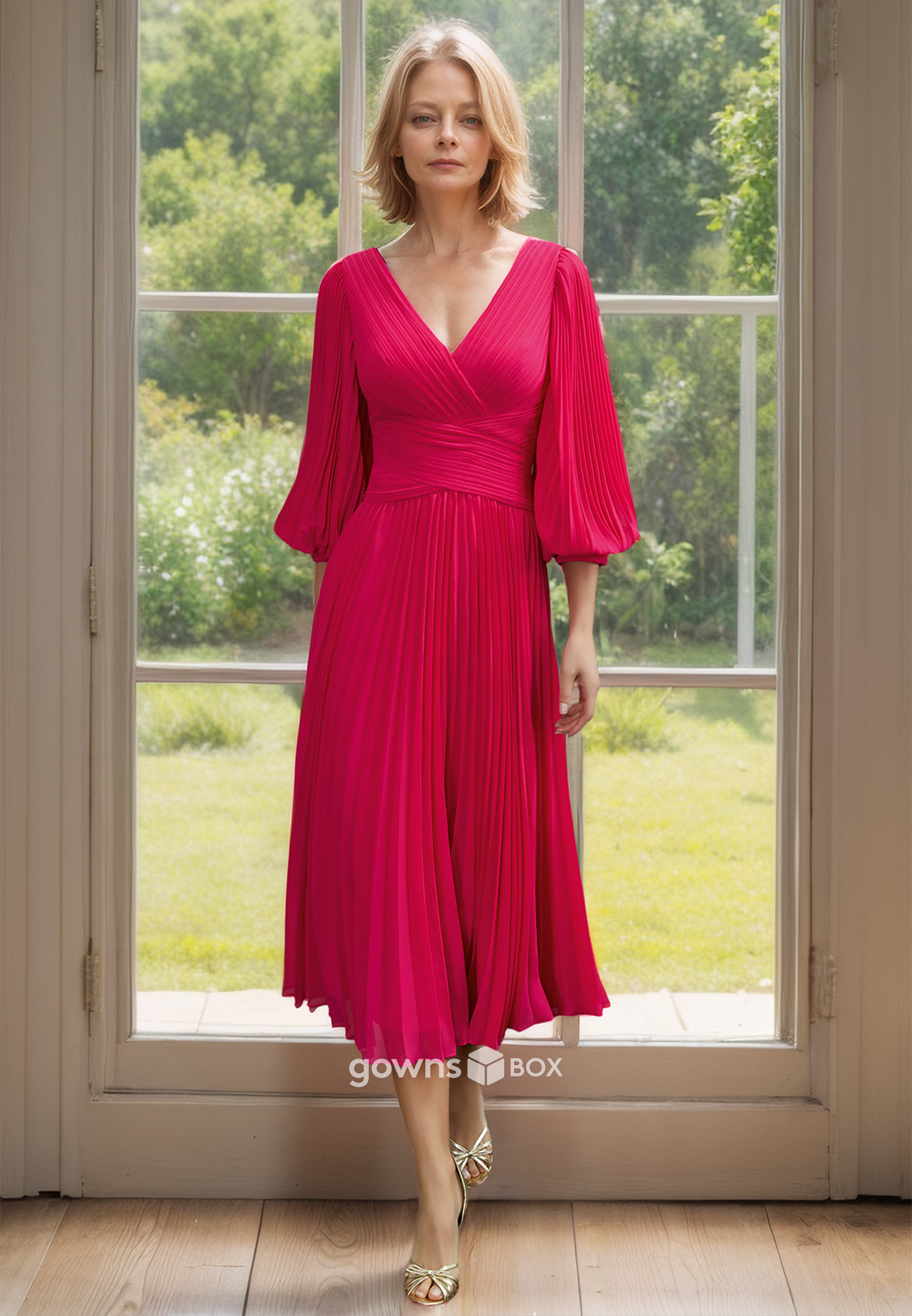Plus Size V-Neck Sleeves Pleated Chiffon Midi Mother of the Bride Dresses-GownsBox
