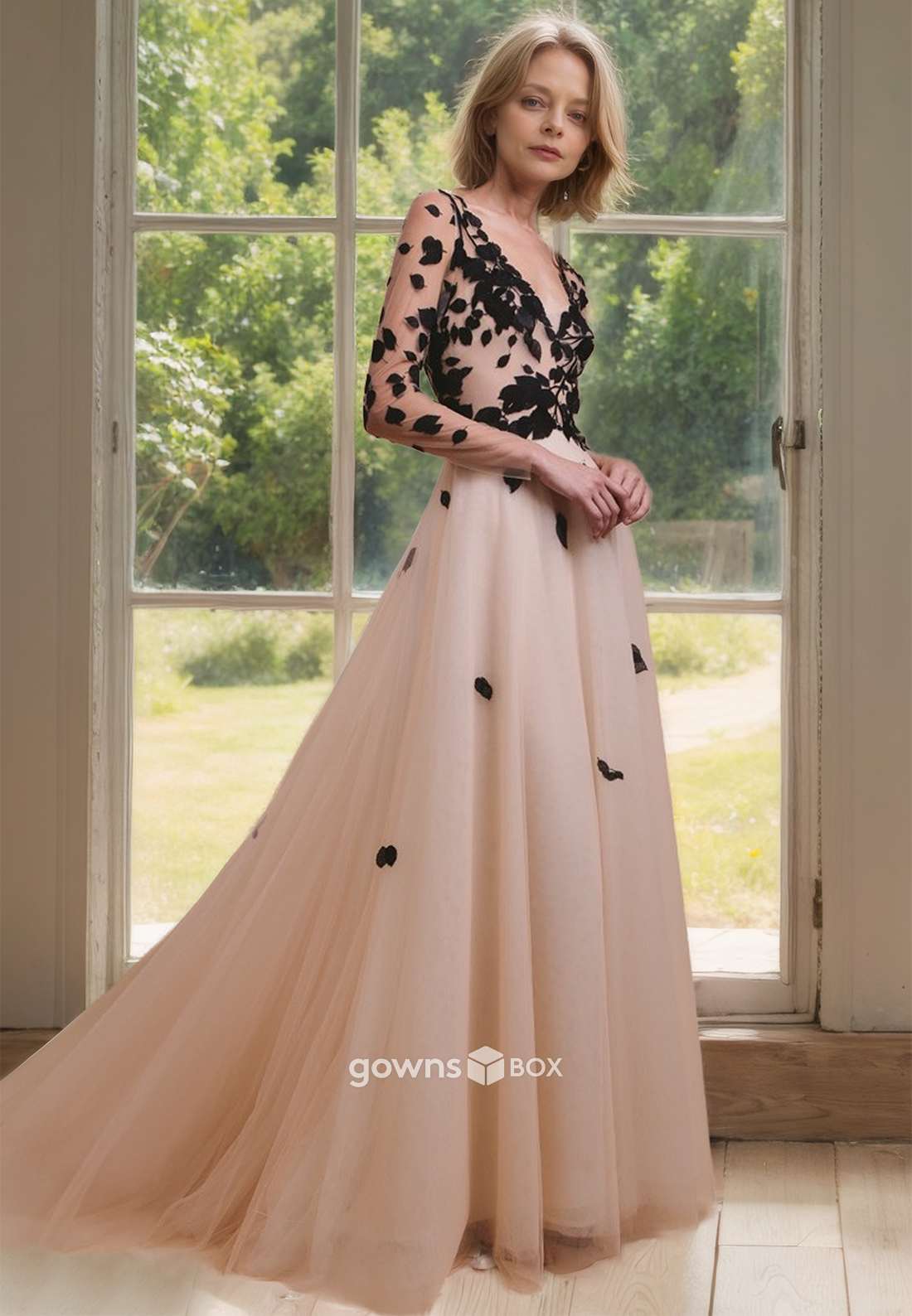 Sheer Long Sleeves Applique Champagne Tulle Floor-Length Mother of the Bride Dress-GownsBox