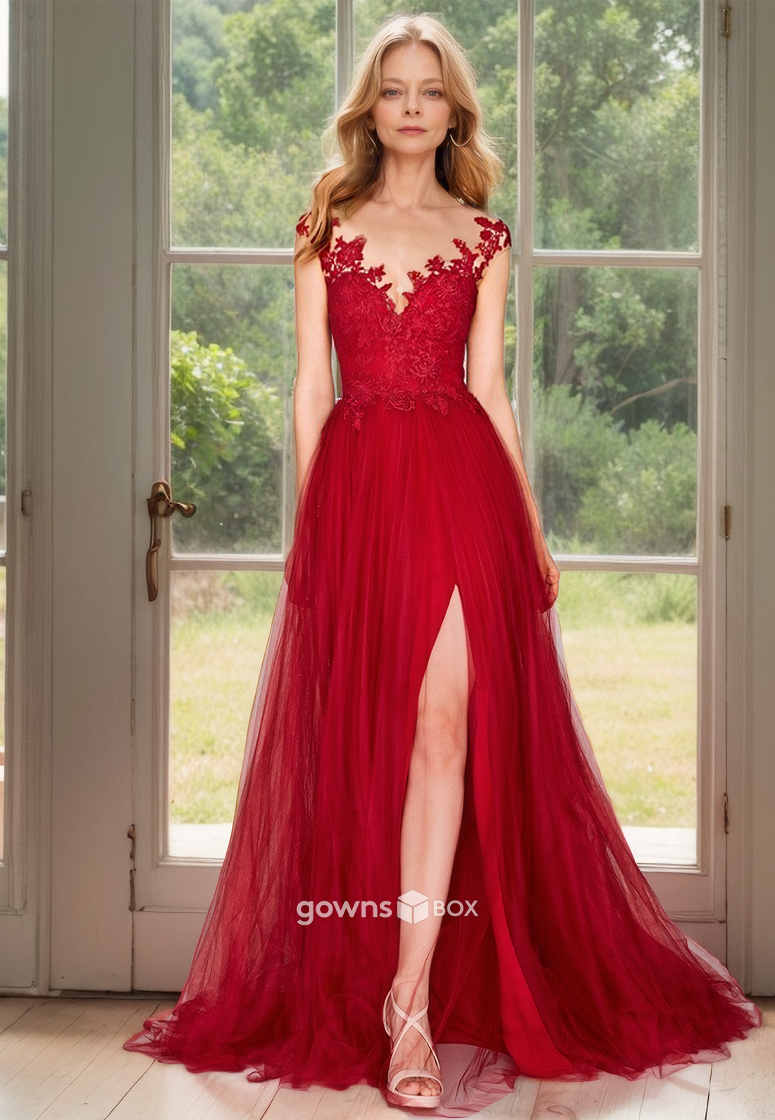 Red V-Neck Applique Tulle A-Line with Slit Long Guest Mother of the Bride Dress-GownsBox