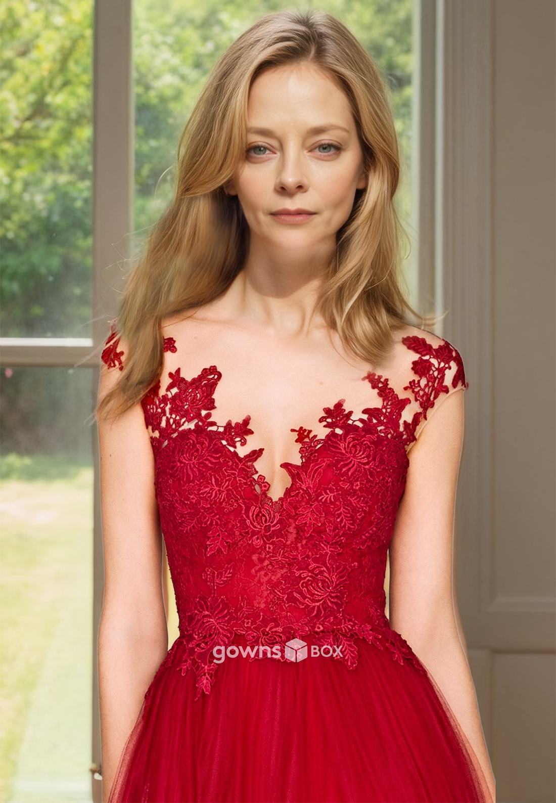 Red V-Neck Applique Tulle A-Line with Slit Long Guest Mother of the Bride Dress-GownsBox