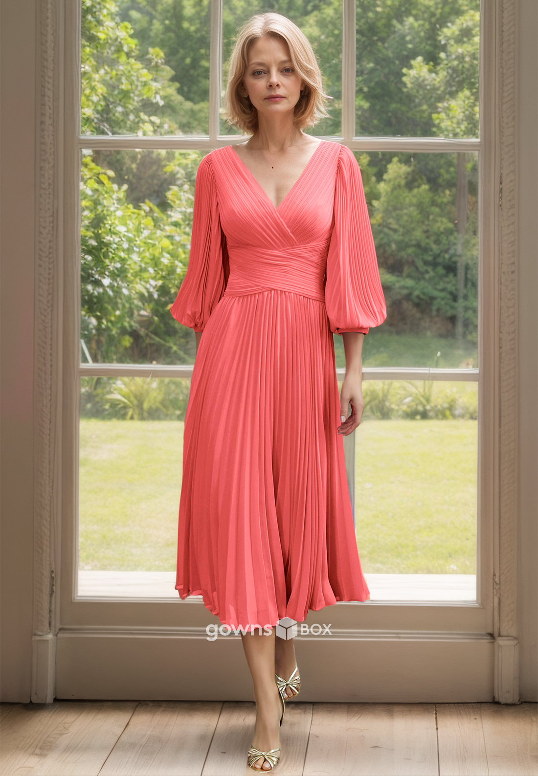 Plus Size V-Neck Sleeves Pleated Chiffon Midi Mother of the Bride Dresses-GownsBox