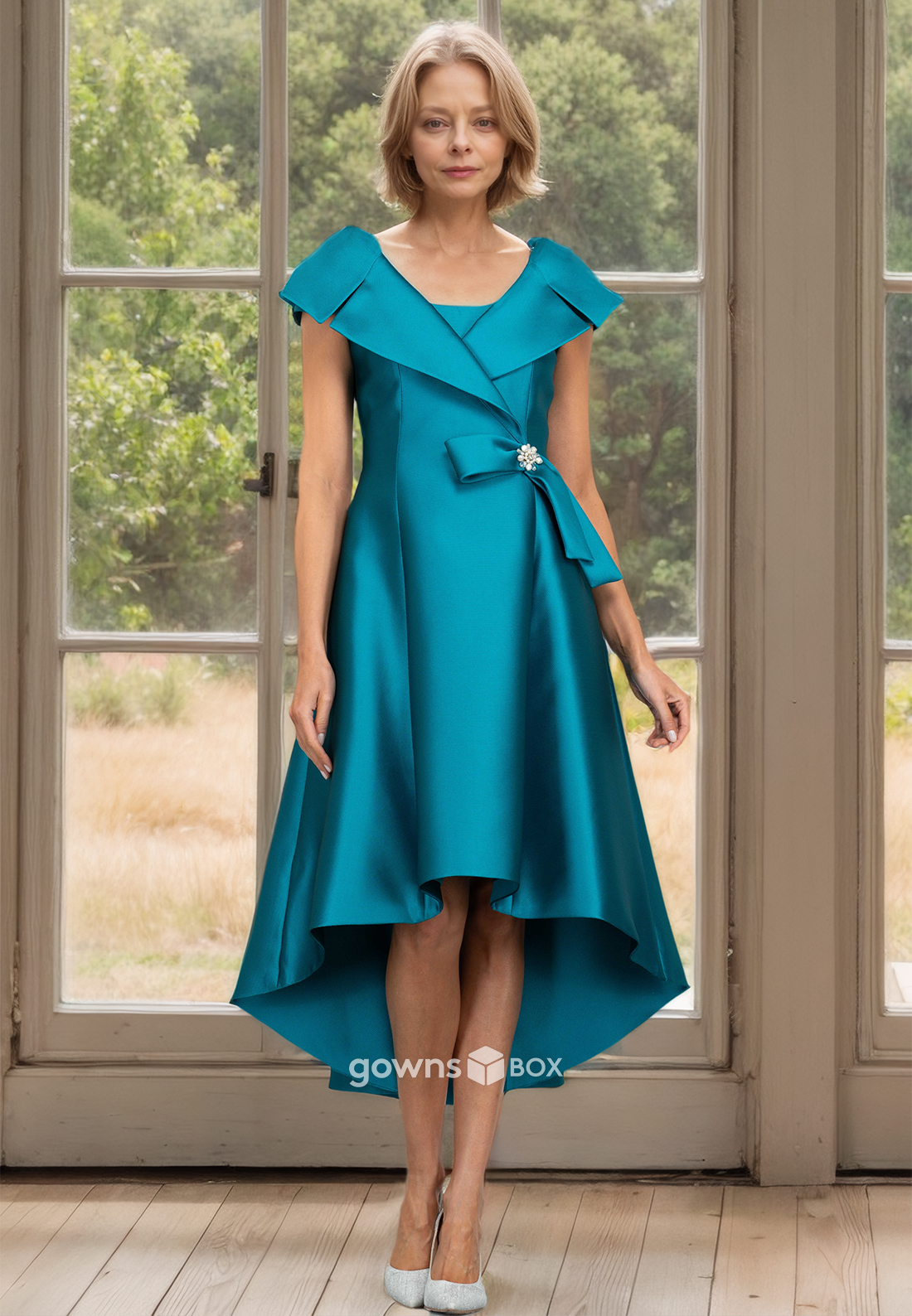 Satin V-Neck High Low A-Line Applique Wedding Guest Mother of the Bride Dress-GownsBox