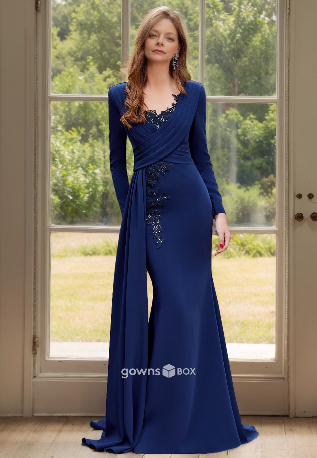 Elegant Fitted Mermaid Long Sleeves with Train Guest Mother of the Bride Dress-GownsBox