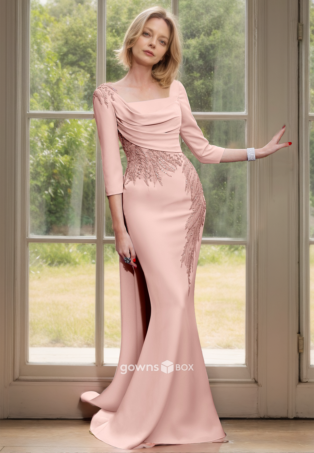 Square Long Sleeves Mermaid with Train Wedding Guest Mother of the Bride Dress-GownsBox