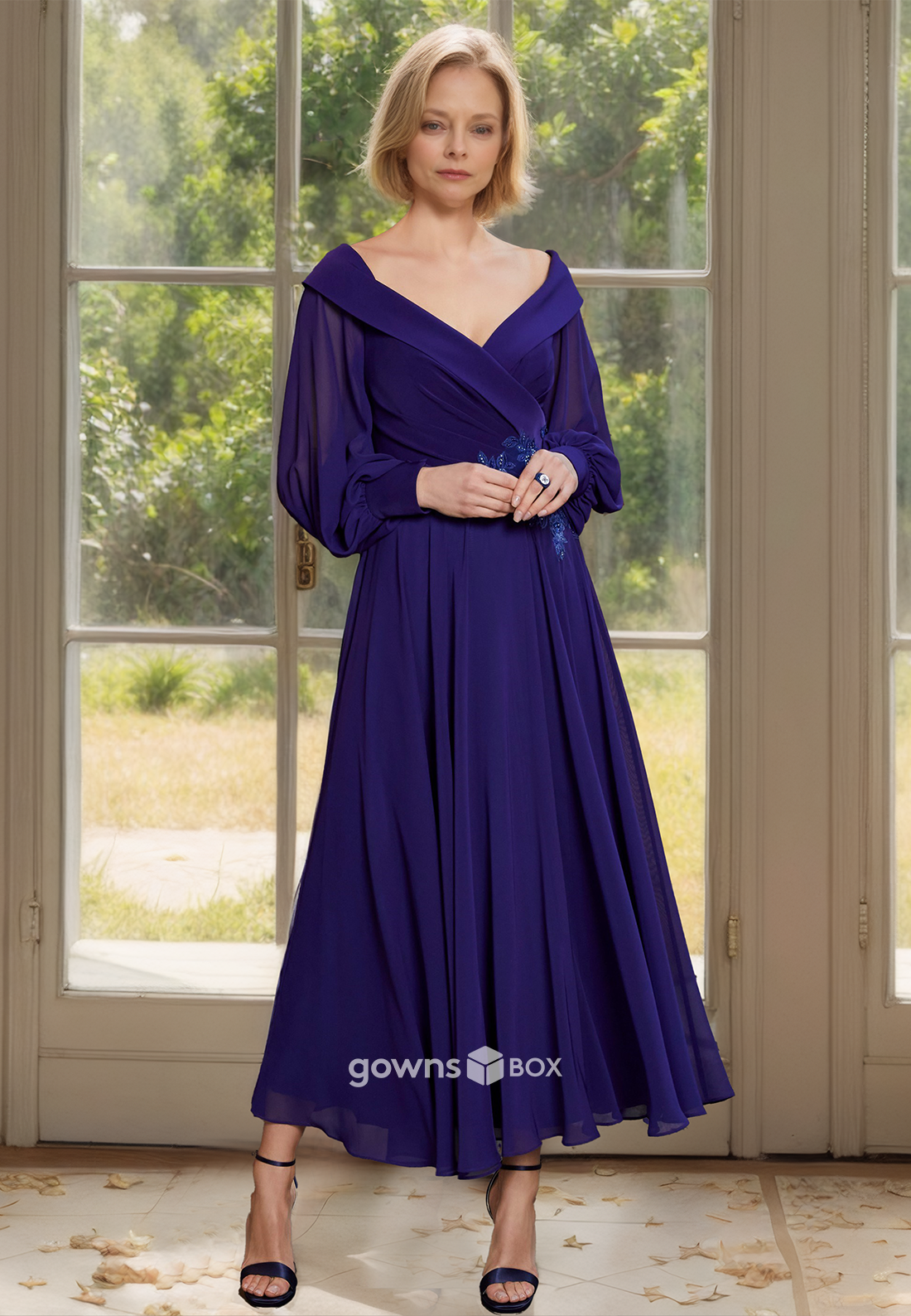 Plus Size V-Neck Long Sleeves A-Line Chiffon Guest Mother of the Bride Dress-GownsBox