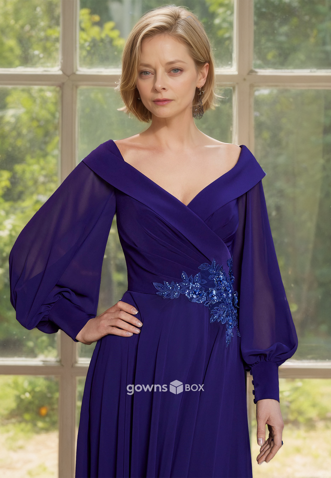 Plus Size V-Neck Long Sleeves A-Line Chiffon Guest Mother of the Bride Dress-GownsBox
