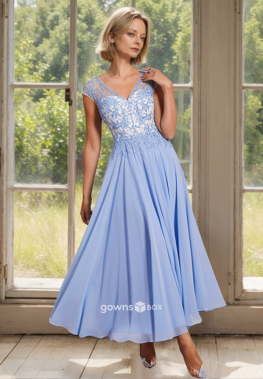 Applique Two Piece Sleeves Outfit Chiffon A-Line Guest Mother of the Bride Dress-GownsBox