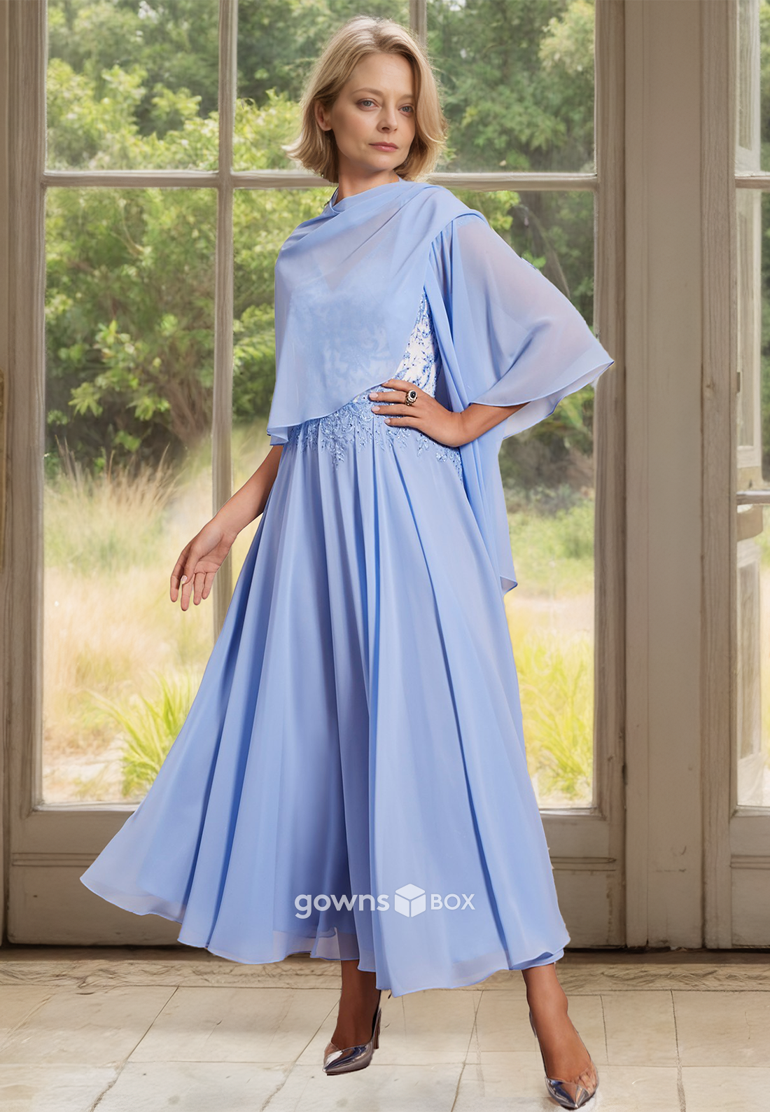 Applique Two Piece Sleeves Outfit Chiffon A-Line Guest Mother of the Bride Dress-GownsBox
