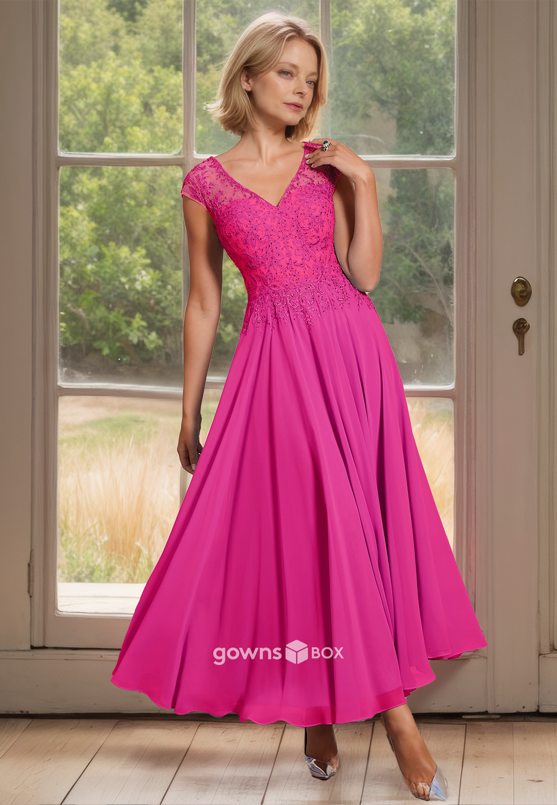 Applique Two Piece Sleeves Outfit Chiffon A-Line Guest Mother of the Bride Dress-GownsBox