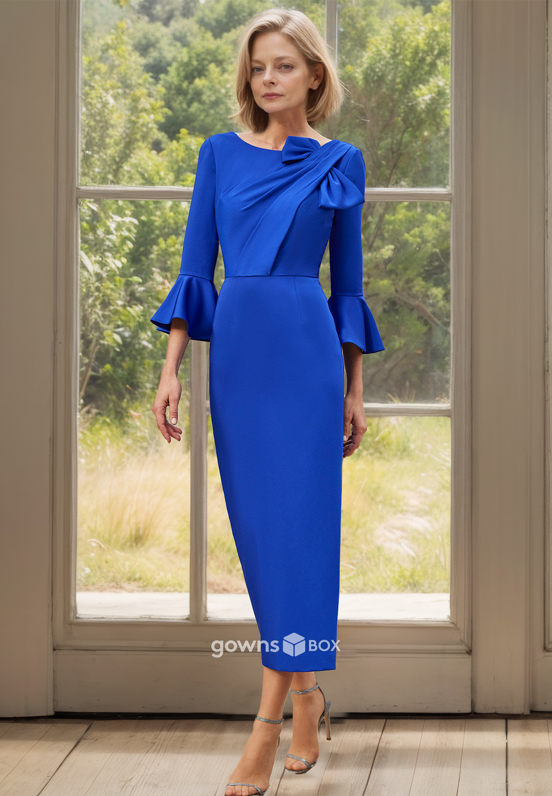 Elegant 3/4 Sleeves Blue Sheath Long Wedding Guest Mother of the Bride Dress-GownsBox