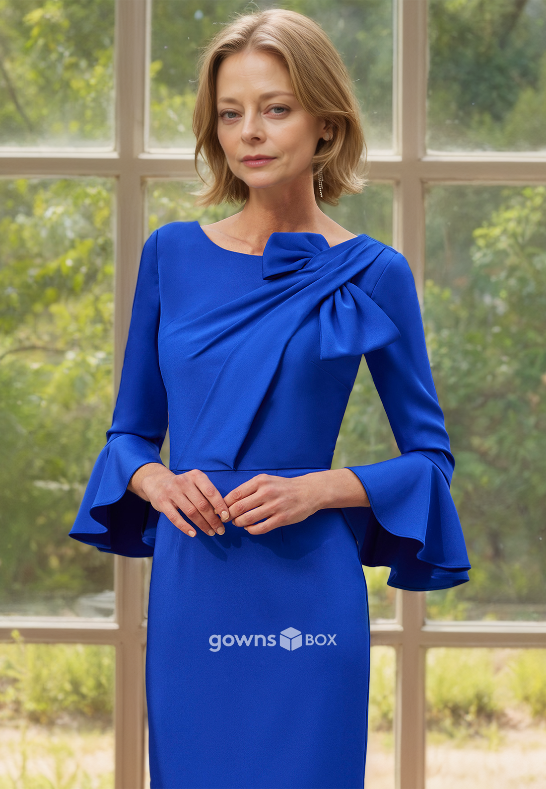 Elegant 3/4 Sleeves Blue Sheath Long Wedding Guest Mother of the Bride Dress-GownsBox