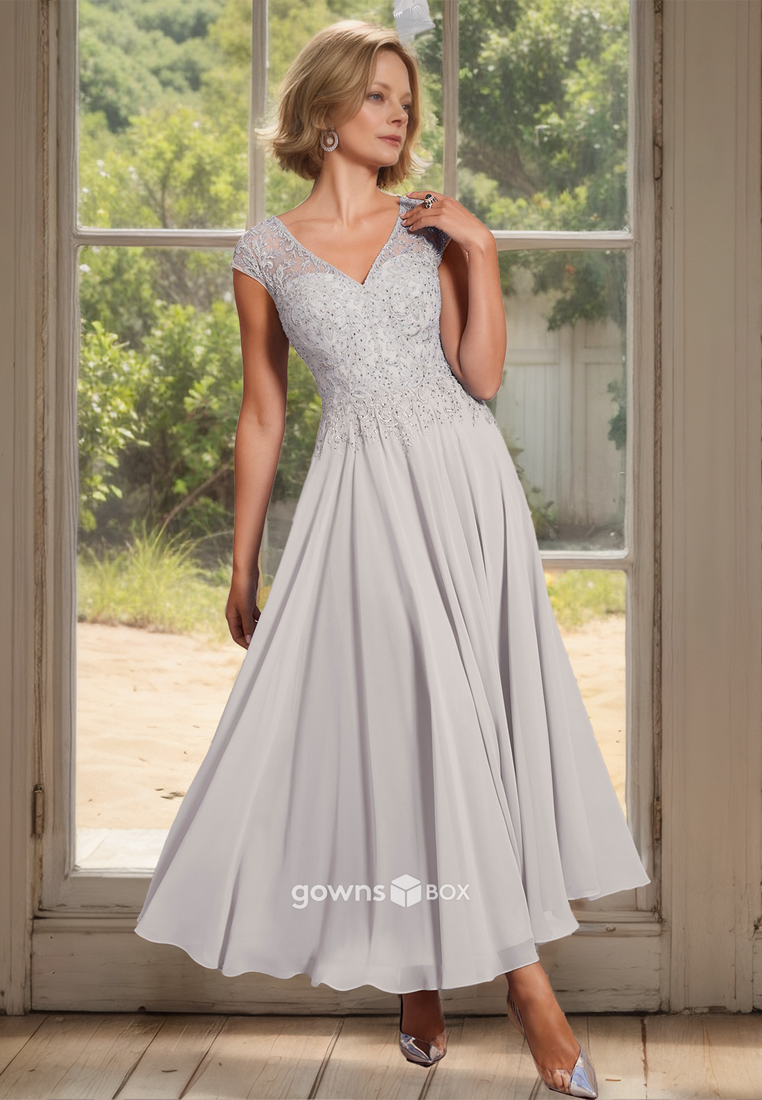 Applique Two Piece Sleeves Outfit Chiffon A-Line Guest Mother of the Bride Dress-GownsBox