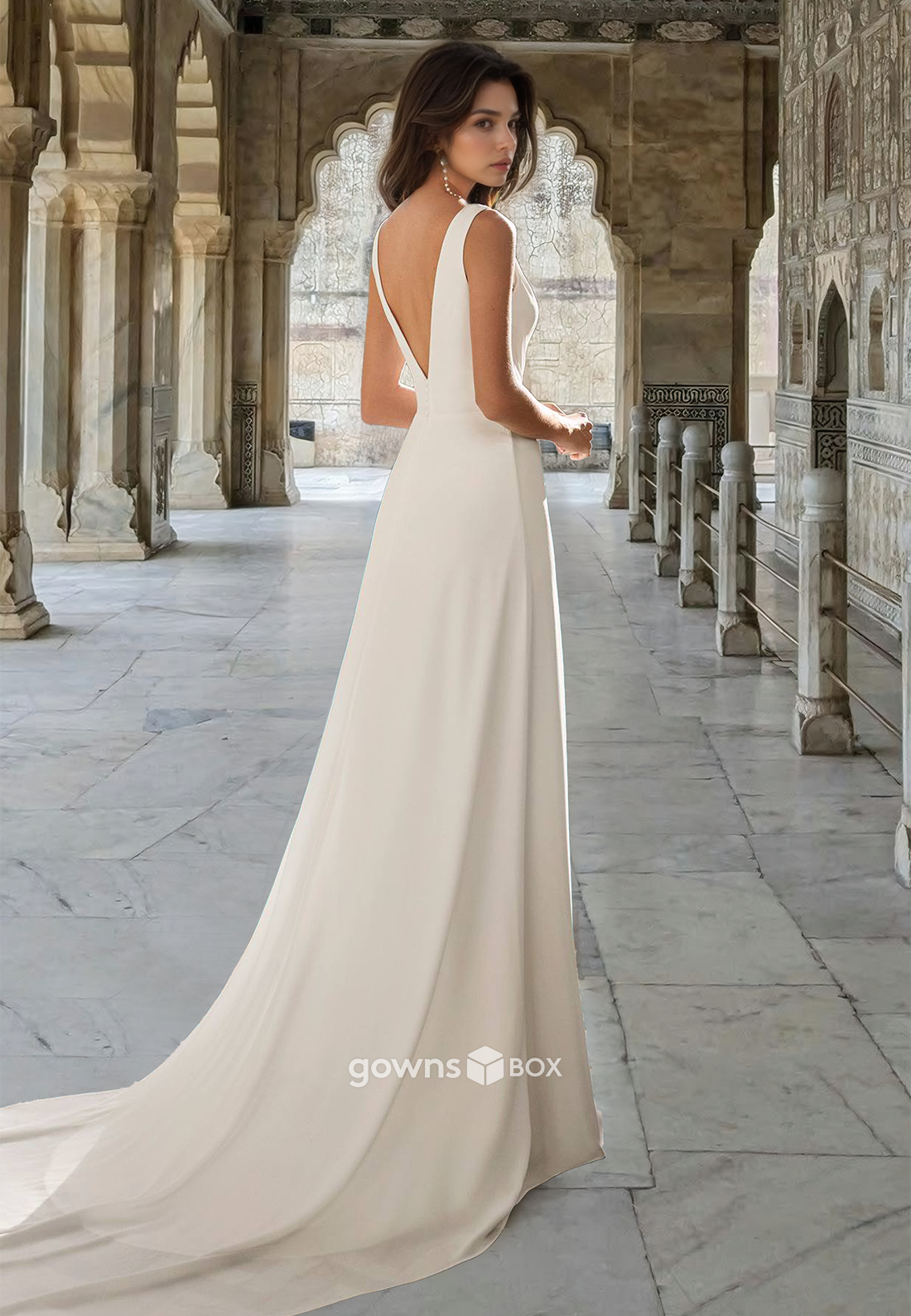 Sexy V-Neck Ruched A-Line with Slit Tulle Engagement Wedding Dress-GownsBox