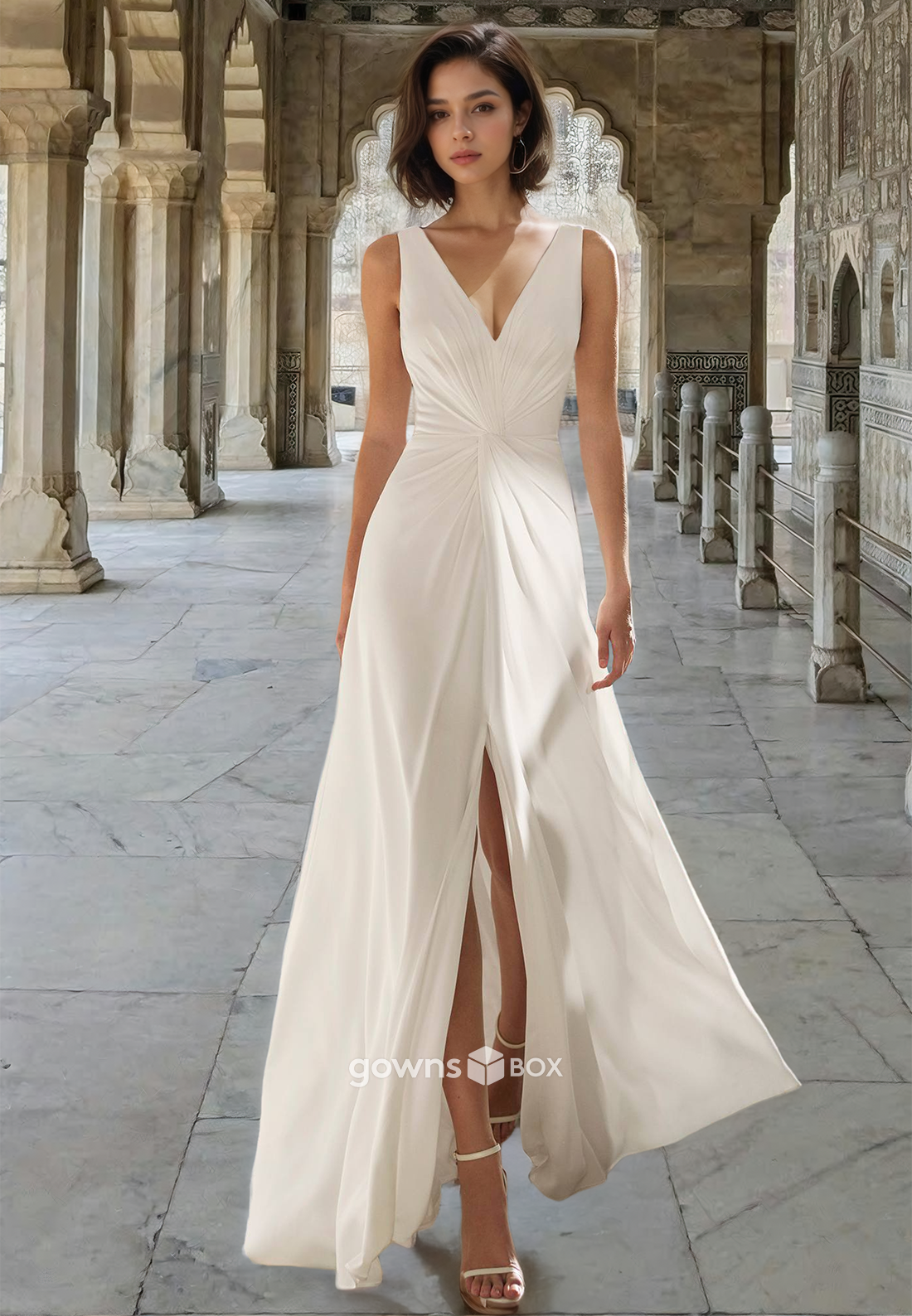 Sexy V-Neck Ruched A-Line with Slit Tulle Engagement Wedding Dress-GownsBox