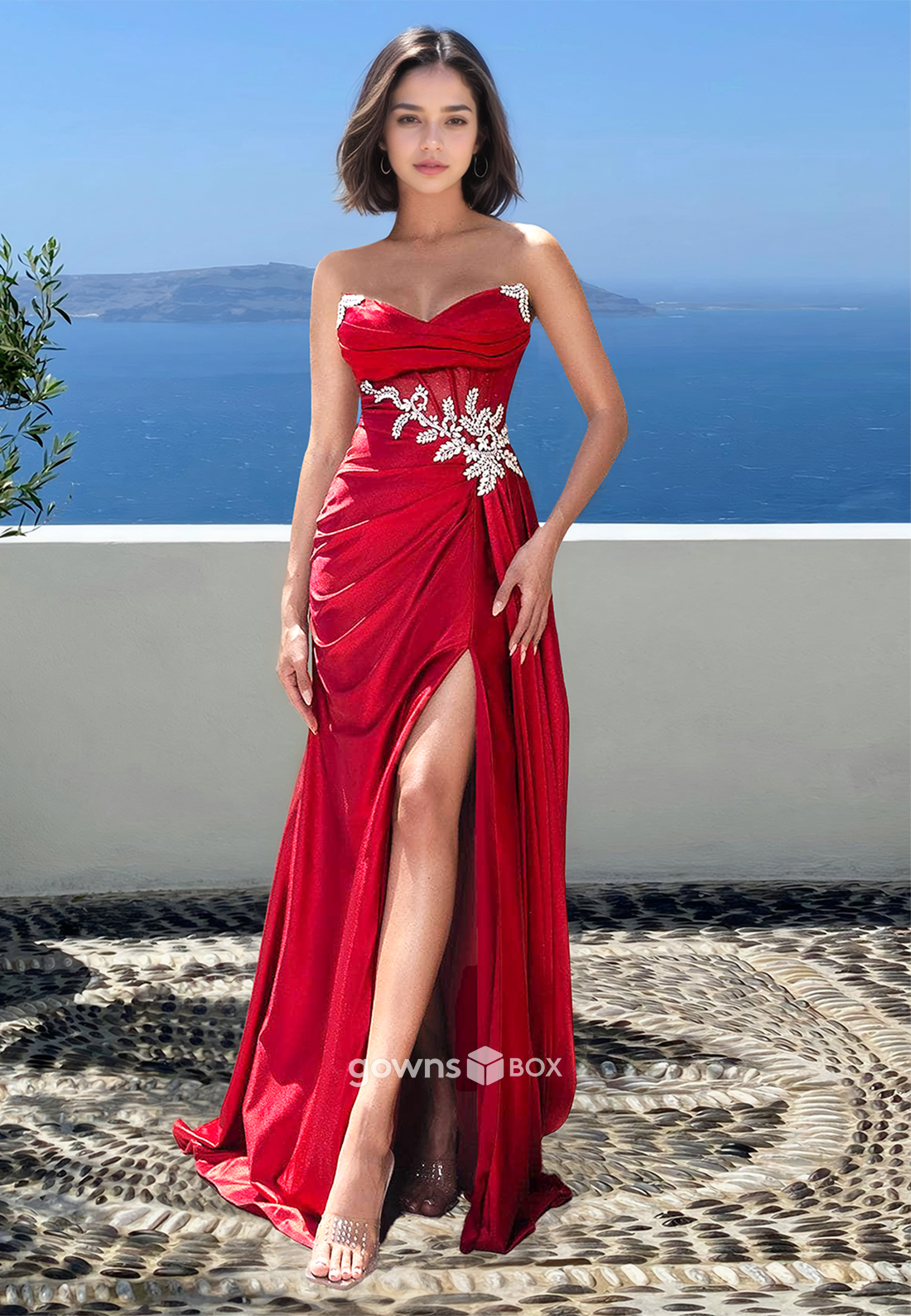 Red Sexy Sweetheart Strapless Applique A-Line Formal Evening Dress-GownsBox