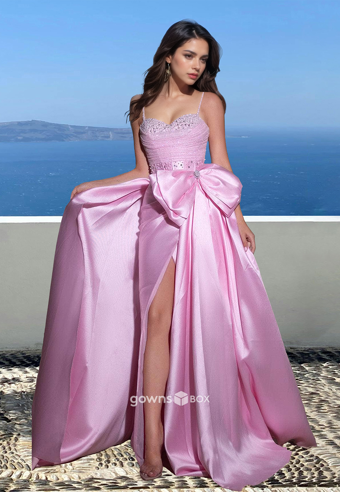 Qute Spaghetti Straps Bow A-Line with Slit Prom Dress Party Gown 2025-GownsBox
