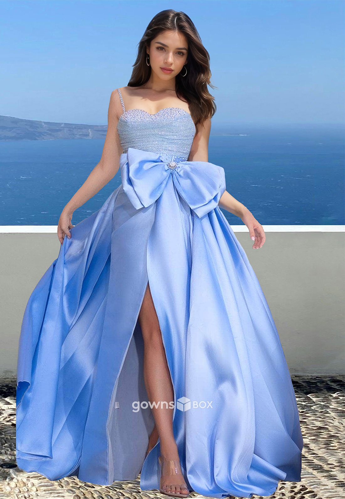 Qute Spaghetti Straps Bow A-Line with Slit Prom Dress Party Gown 2025-GownsBox