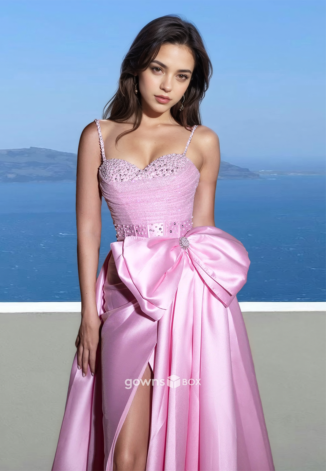 Qute Spaghetti Straps Bow A-Line with Slit Prom Dress Party Gown 2025-GownsBox