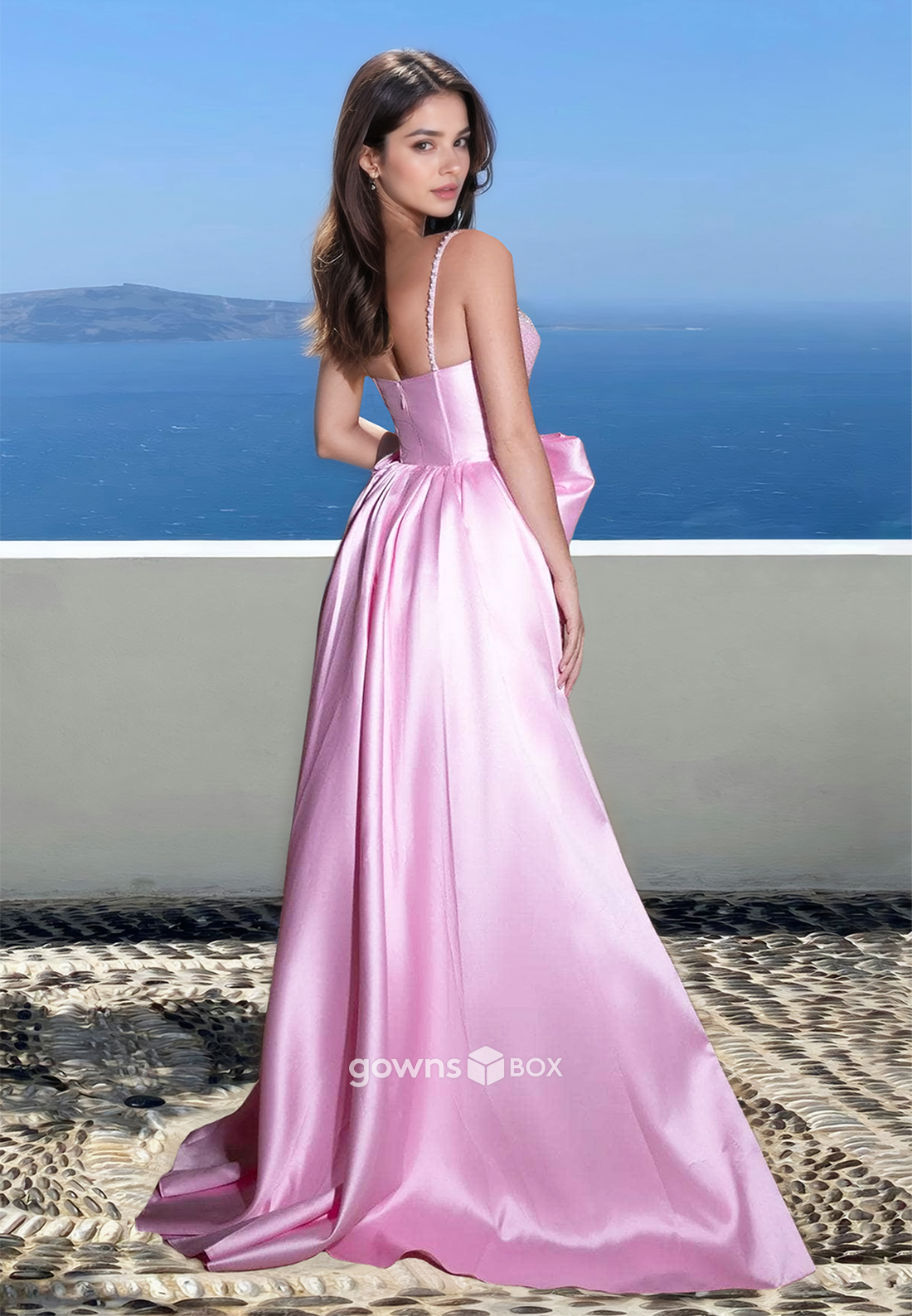 Qute Spaghetti Straps Bow A-Line with Slit Prom Dress Party Gown 2025-GownsBox