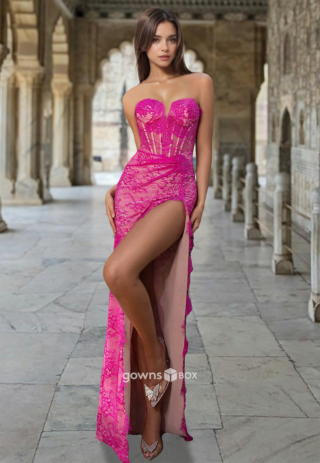 Sexy Lace Applique with Slit Sheath Formal Gown Evening Dress 2025-GownsBox