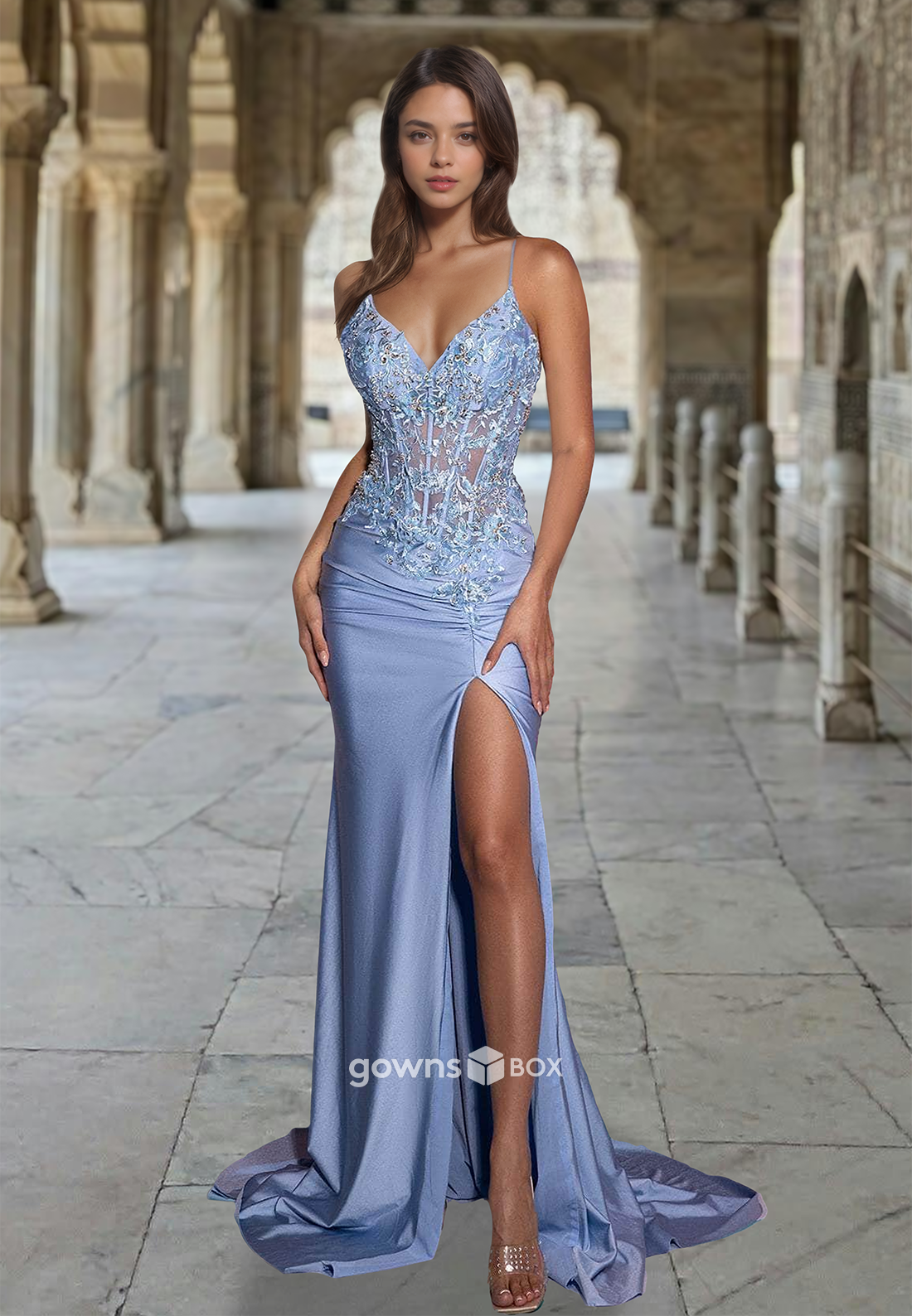 Sexy Spaghetti Straps V-Neck Applique Blue Formal Gown Evening Dress-GownsBox