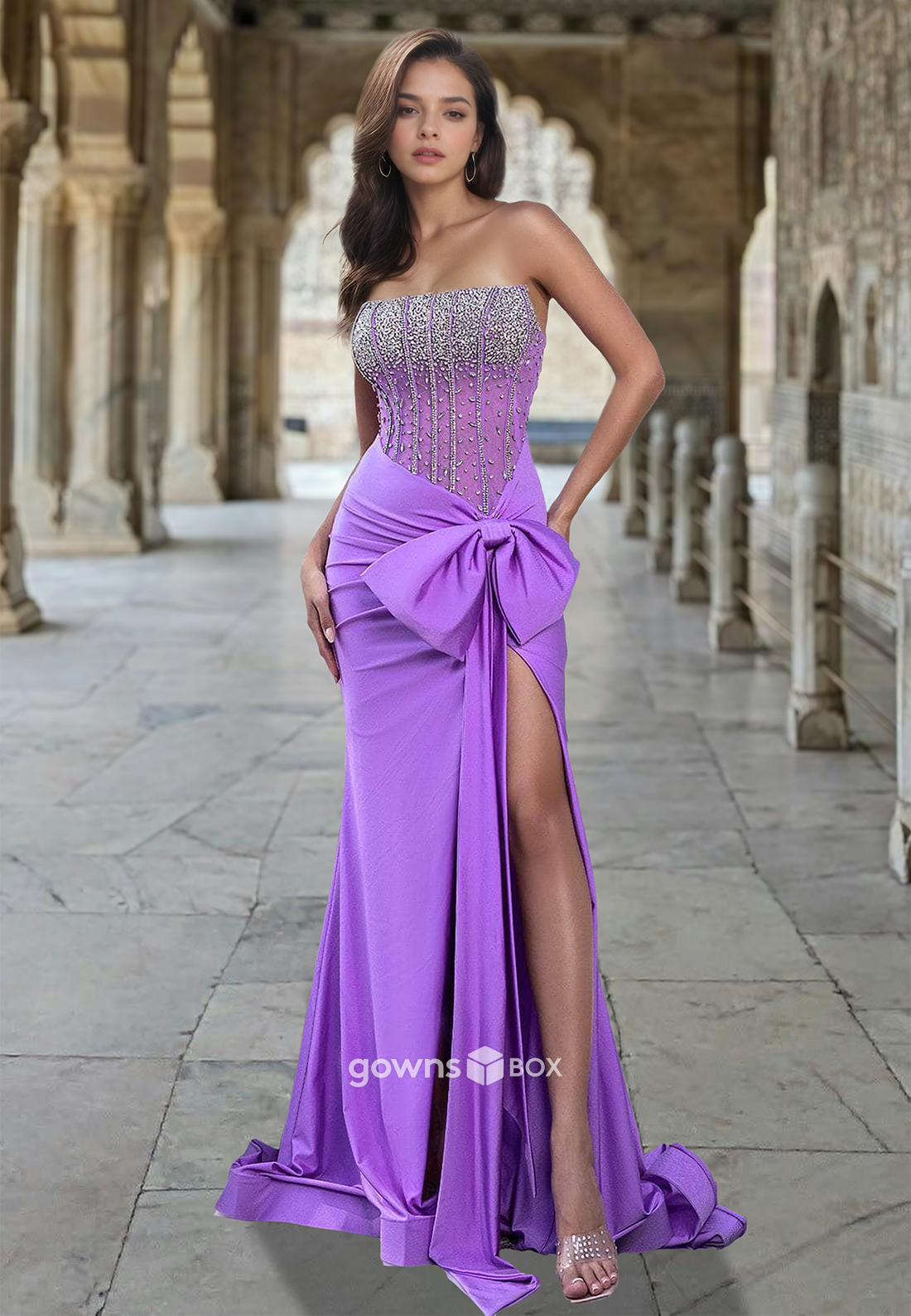 Purplre Applique Beaded with Bow Strapless Formal Gown Evening Dress-GownsBox